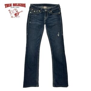True Religion Women 27 Hi-Rise Boot Blue Denim‎ Jeans Flap Pocket Distressing